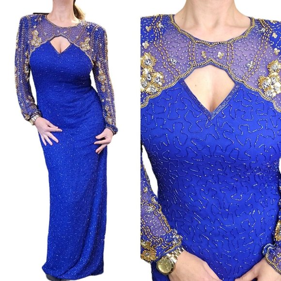 Vintage 80s Royal Blue Silk Beaded Sequins Long‎ Gown Dress Medium 8 10